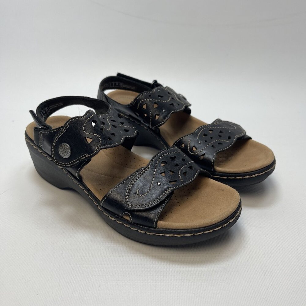 Clarks Sand Leather Wedge Sandals Cut-Out Button Hook & Loop Women's Size 8M US